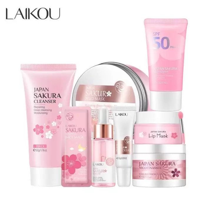 LAIKOU SAKURA CLEANSER / SLEEPING MASK/Mud Mask / Sakura Serum/ EYE CREAM/Essence CREAM /Lip Mask/ Sakura Sunscreen SPF 50PA++(Combo)